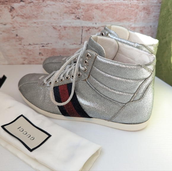 Gucci Metalic Glitter Web High-Top Sneakers - Picture 3 of 17